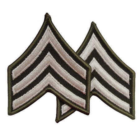 Two embroidered military rank chevrons with olive green borders, alternating black and light beige stripes, shown on a plain white background.