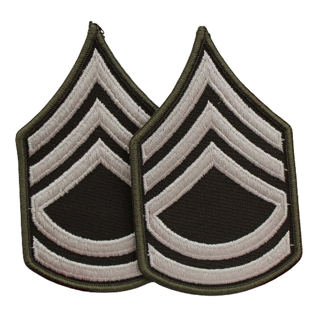 Two identical embroidered military rank insignia patches showing chevron stripes in black, off-white, and olive drab green on a plain white background.