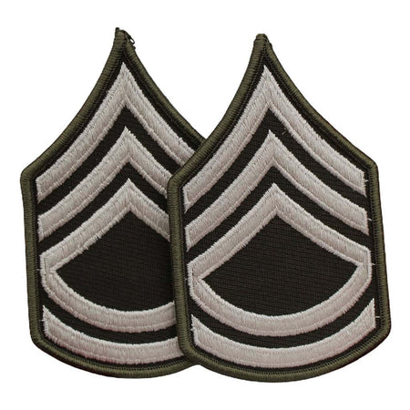 Two identical embroidered military rank insignia patches showing chevron stripes in black, off-white, and olive drab green on a plain white background.