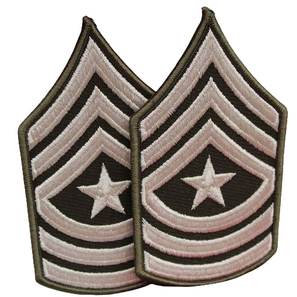 Two identical embroidered military rank insignia patches shown overlapping on a plain white background. Each patch features chevron stripes in light beige and black with a white star in the center.
