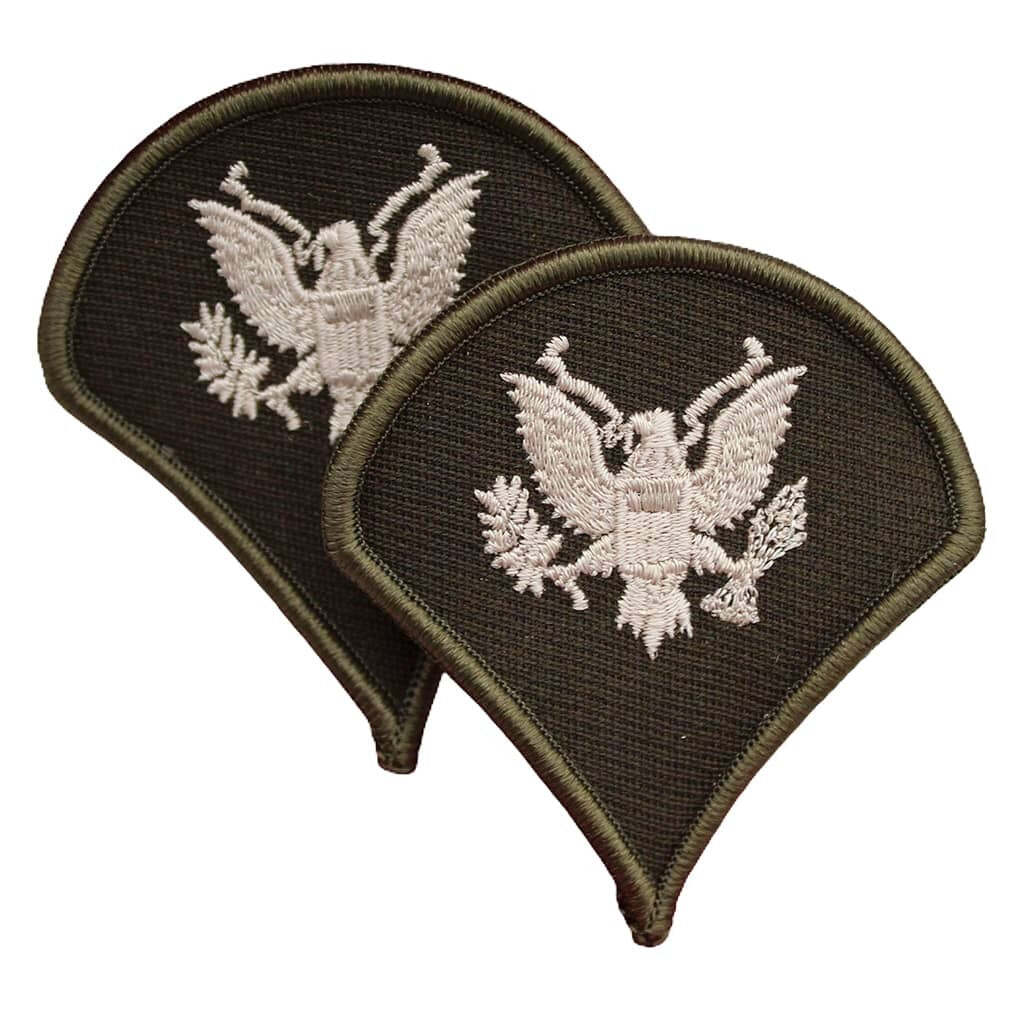 Two embroidered military-style patches with an olive drab border and a white eagle emblem on a dark brown background, shown on a plain white backdrop.