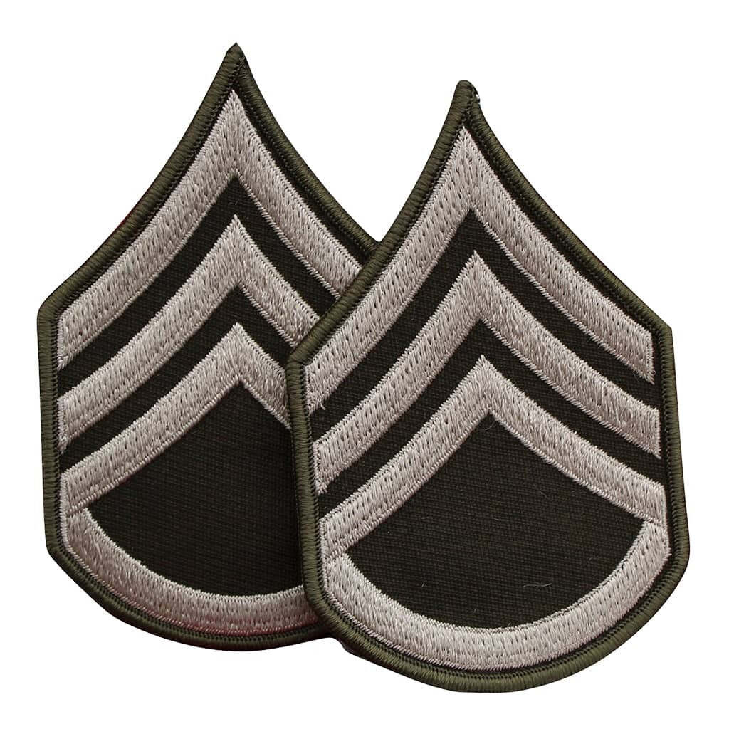 Two embroidered military rank insignia patches with chevron stripes in black, gray, and olive drab green on a plain white background.