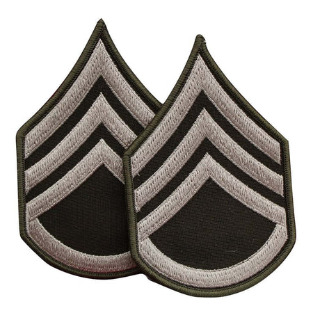 Two embroidered military rank insignia patches with chevron stripes in black, gray, and olive drab green on a plain white background.