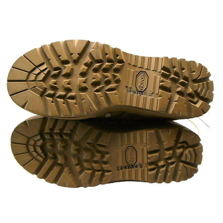 A pair of rugged brown rubber shoe soles shown from above, stacked vertically on a white background.