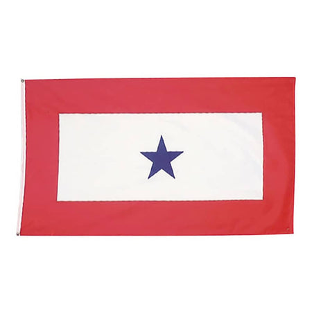 A rectangular flag with a red border, a white center panel, and a single blue star in the middle, shown against a plain white background.