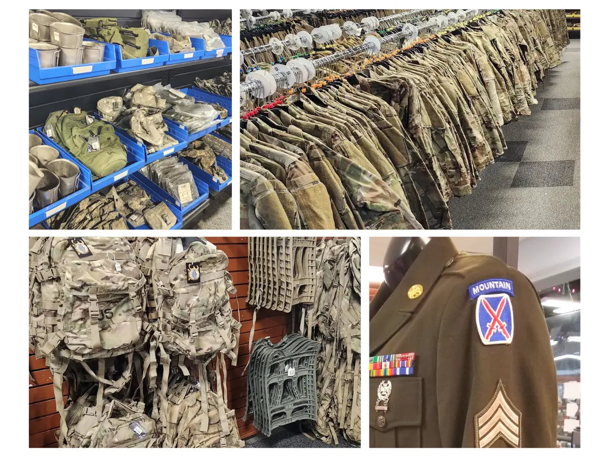A four-panel collage showing military gear in a retail or storage setting: shelves with gear boxes and supplies, rows of camouflage uniforms hanging on racks, tactical vests and packs displayed, and a close-up of a military jacket with a visible 'Mountain' patch and rank insignia.