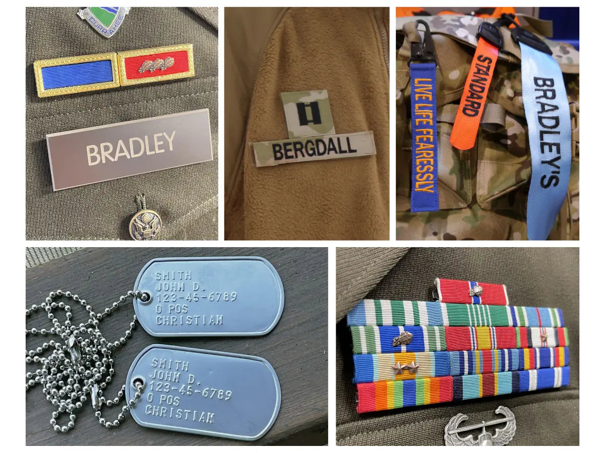 A five-panel collage showing military insignia and accessories: a name tape reading BRADLEY on olive drab fabric, a name tape reading BERGDALL on tan fabric, a cluster of service ribbons and tags including U.S.