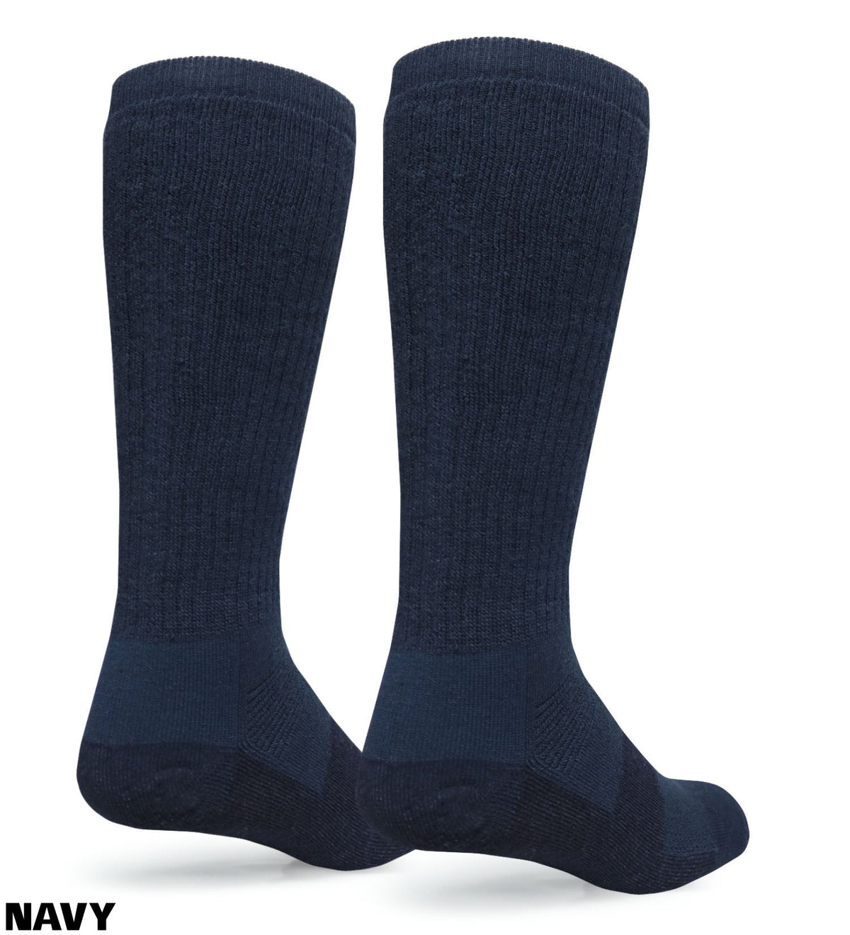 A pair of navy blue ribbed knee-high socks shown from the side against a white background, with the word 'NAVY' printed in the bottom-left corner.