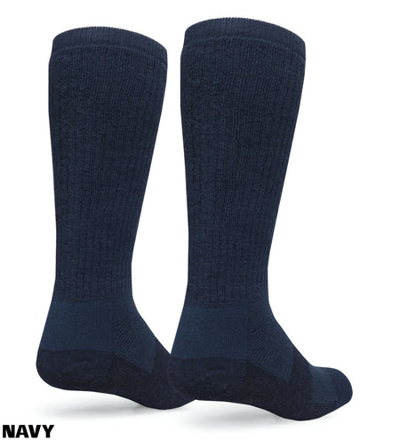 A pair of navy blue ribbed knee-high socks shown from the side against a white background, with the word 'NAVY' printed in the bottom-left corner.