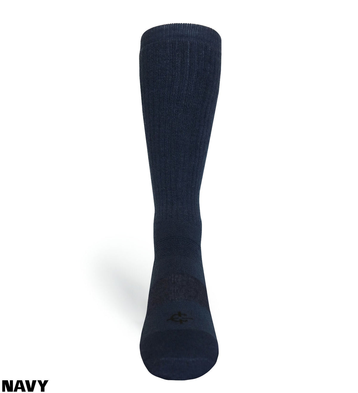 A single navy blue ribbed knee-high sock shown from the sole side against a white background, with the word 'NAVY' printed in the bottom-left corner.
