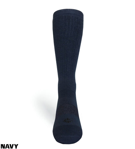 A single navy blue ribbed knee-high sock shown from the sole side against a white background, with the word 'NAVY' printed in the bottom-left corner.