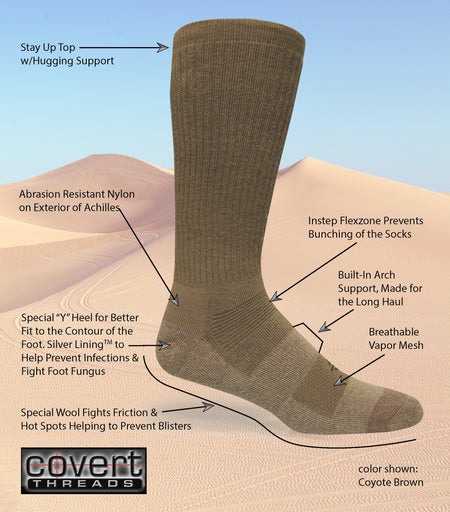 A single knee-high sock shown on a stylized sand dune background with multiple callout labels explaining product features and benefits. The sock is labeled Coyote Brown, and the brand name 'Covert Threads' appears in a logo at the bottom left.