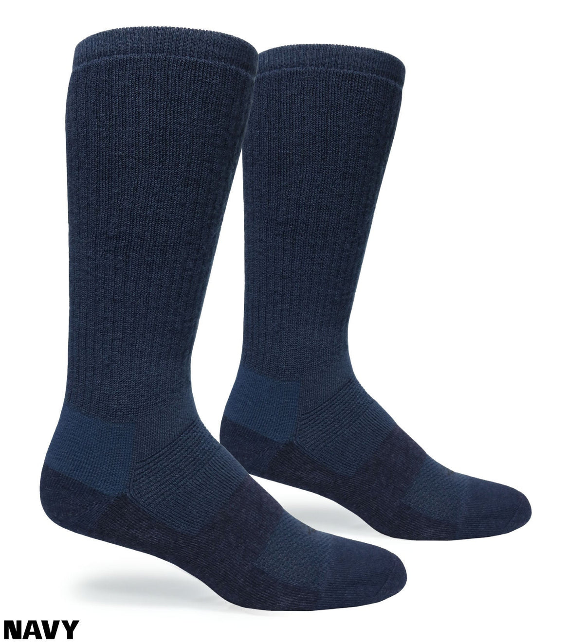A pair of navy blue crew-length athletic socks shown on invisible forms against a white background, with a 'NAVY' text label in the bottom-left corner.
