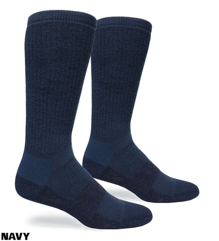 A pair of navy blue crew-length athletic socks shown on invisible forms against a white background, with a 'NAVY' text label in the bottom-left corner.
