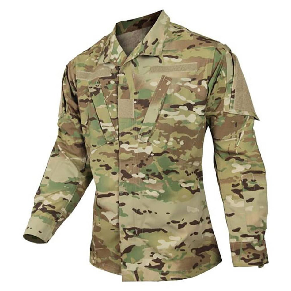 A long-sleeve military combat shirt in a multicam camouflage pattern, featuring a button-up front, collar, and tactical chest pockets, shown against a plain white background.