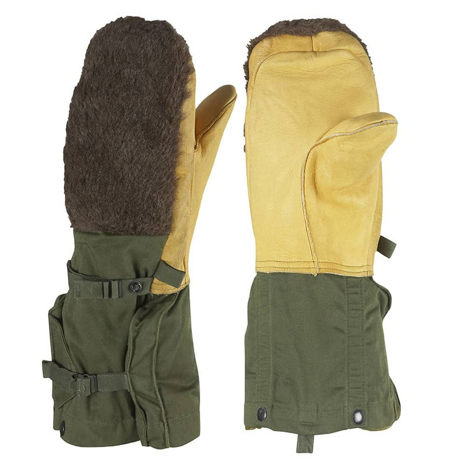 A pair of winter mittens with dark brown faux fur palms, mustard yellow leather sleeves, and olive green canvas lower cuffs with buckle straps, shown against a plain white background.