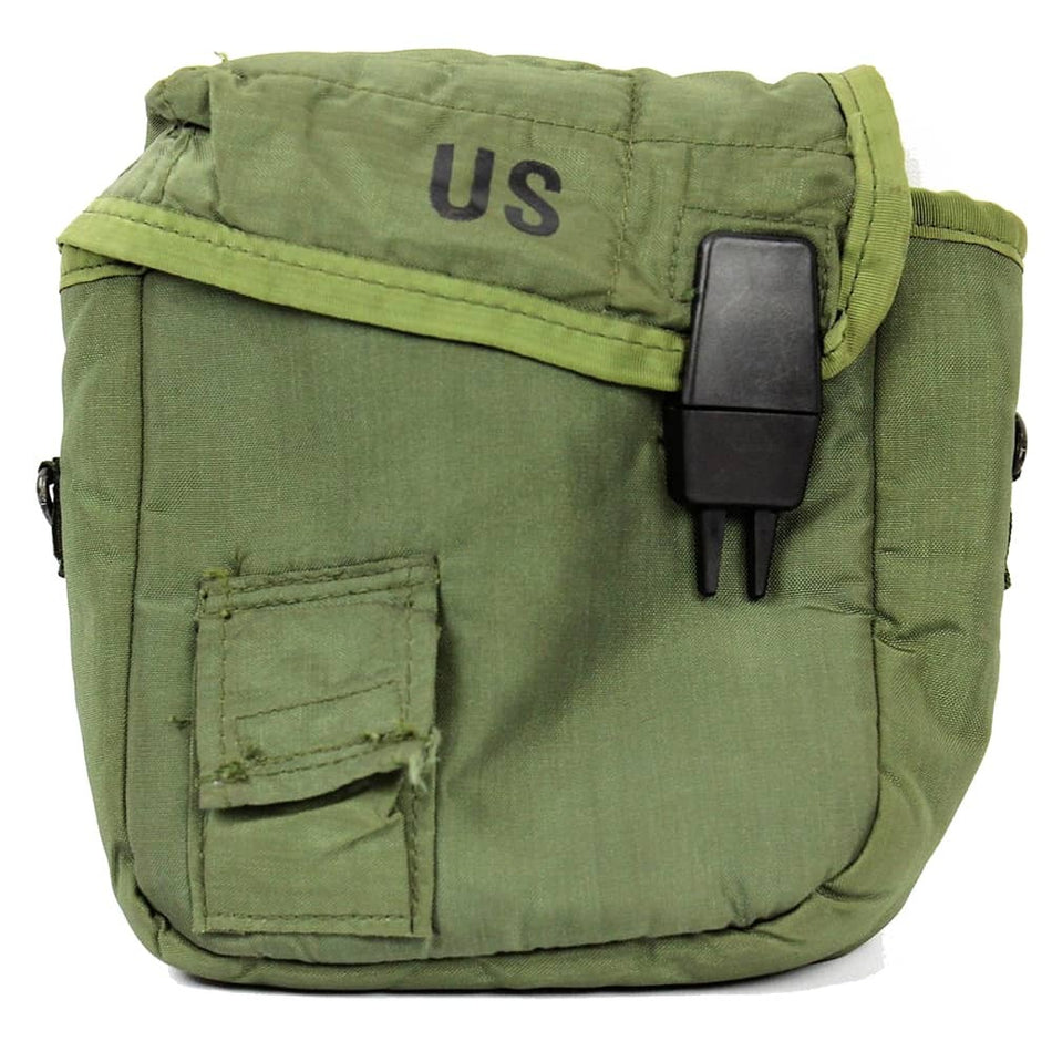An olive green military-style pouch with a flap closure, black plastic latch, and 'US' printed in black on the flap, shown against a plain white background.