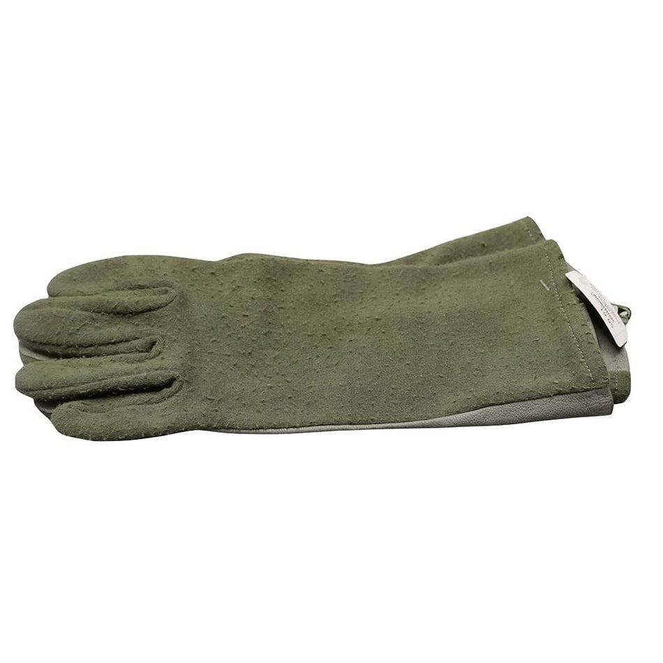 An olive green leather work glove with a textured surface, shown flat against a plain white background.