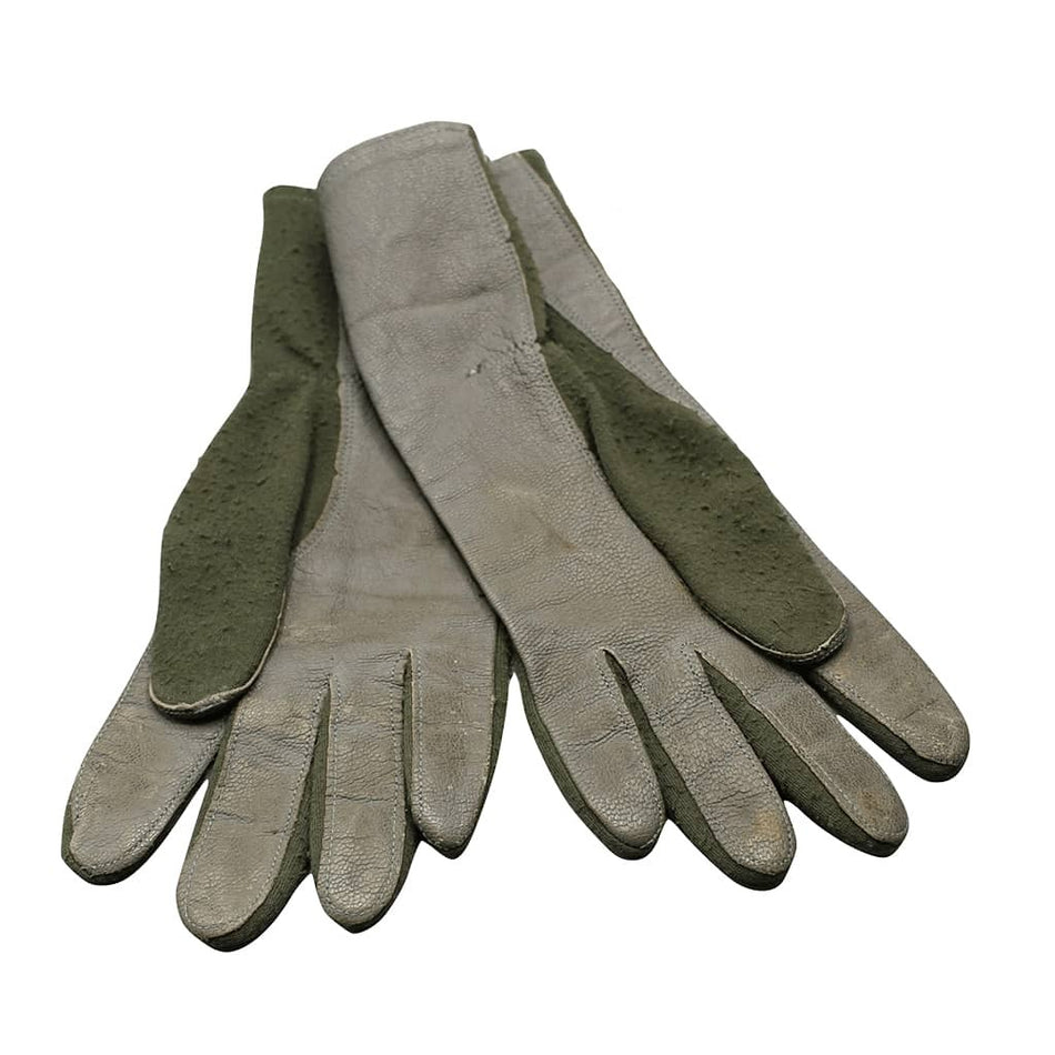 A pair of work gloves with a light gray leather body and dark olive green palms and backs, displayed against a plain white background.