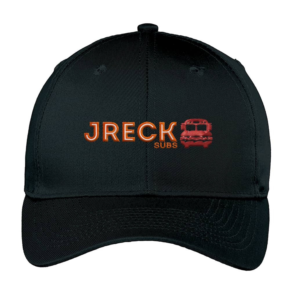 A black baseball cap featuring an embroidered logo on the front that reads 'JRECK SUBS' in orange and red, alongside a small red bus graphic, shown against a plain white background.