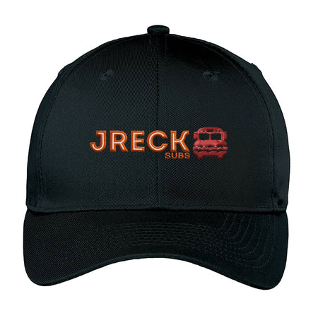 A black baseball cap featuring an embroidered logo on the front that reads 'JRECK SUBS' in orange and red, alongside a small red bus graphic, shown against a plain white background.