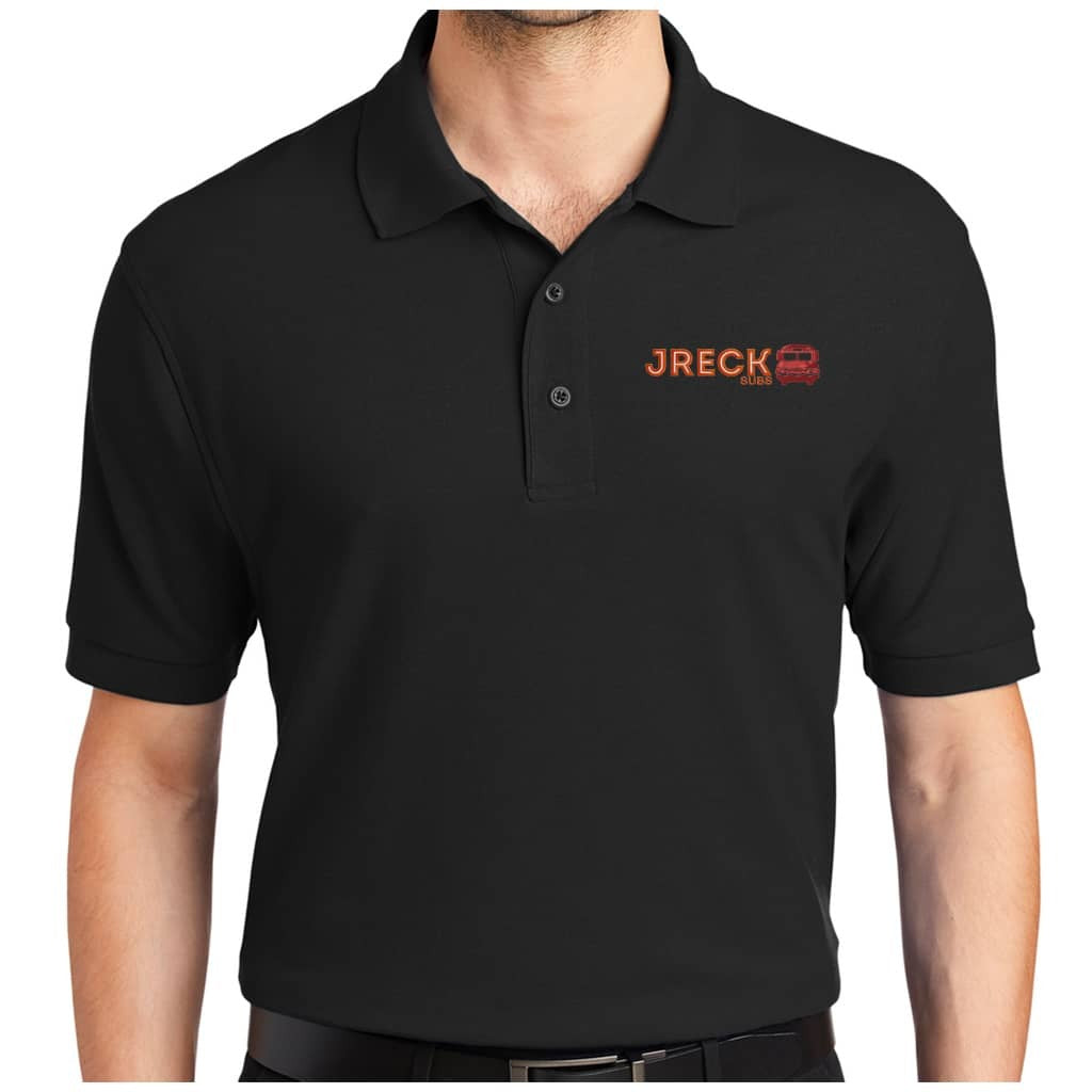 A man wearing a black short-sleeve polo shirt with a small orange and red embroidered logo on the left chest