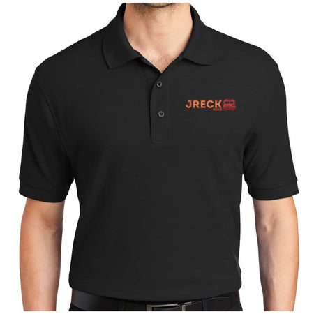 A man wearing a black short-sleeve polo shirt with a small orange and red embroidered logo on the left chest