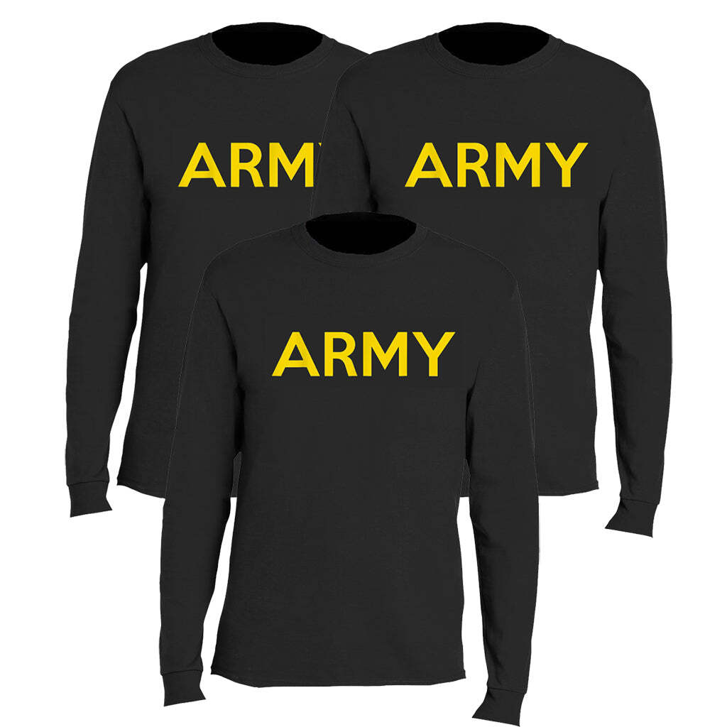 Three black long-sleeve t-shirts shown in a layered arrangement, each printed with the word 'ARMY' in bold yellow letters across the chest.