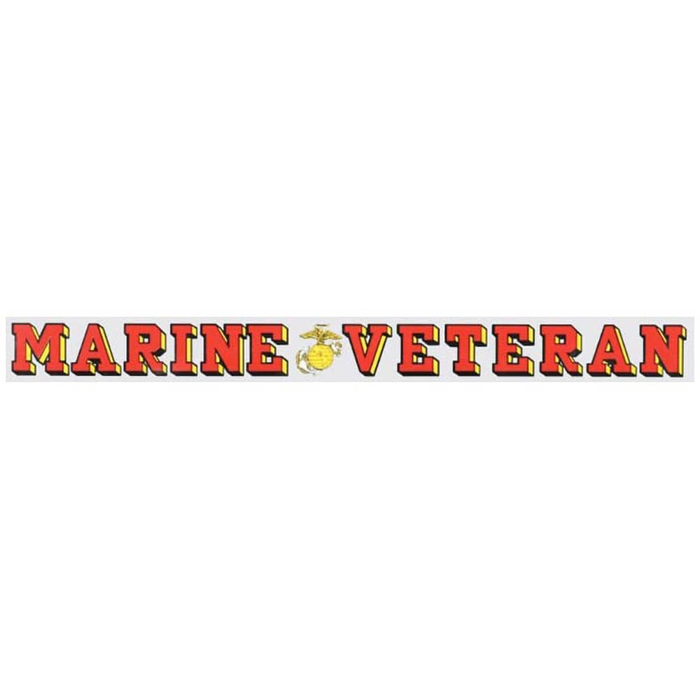 A rectangular white banner or sticker featuring the words 'MARINE VETERAN' in large red letters with yellow outlines, plus a small Marine Corps emblem in the center.