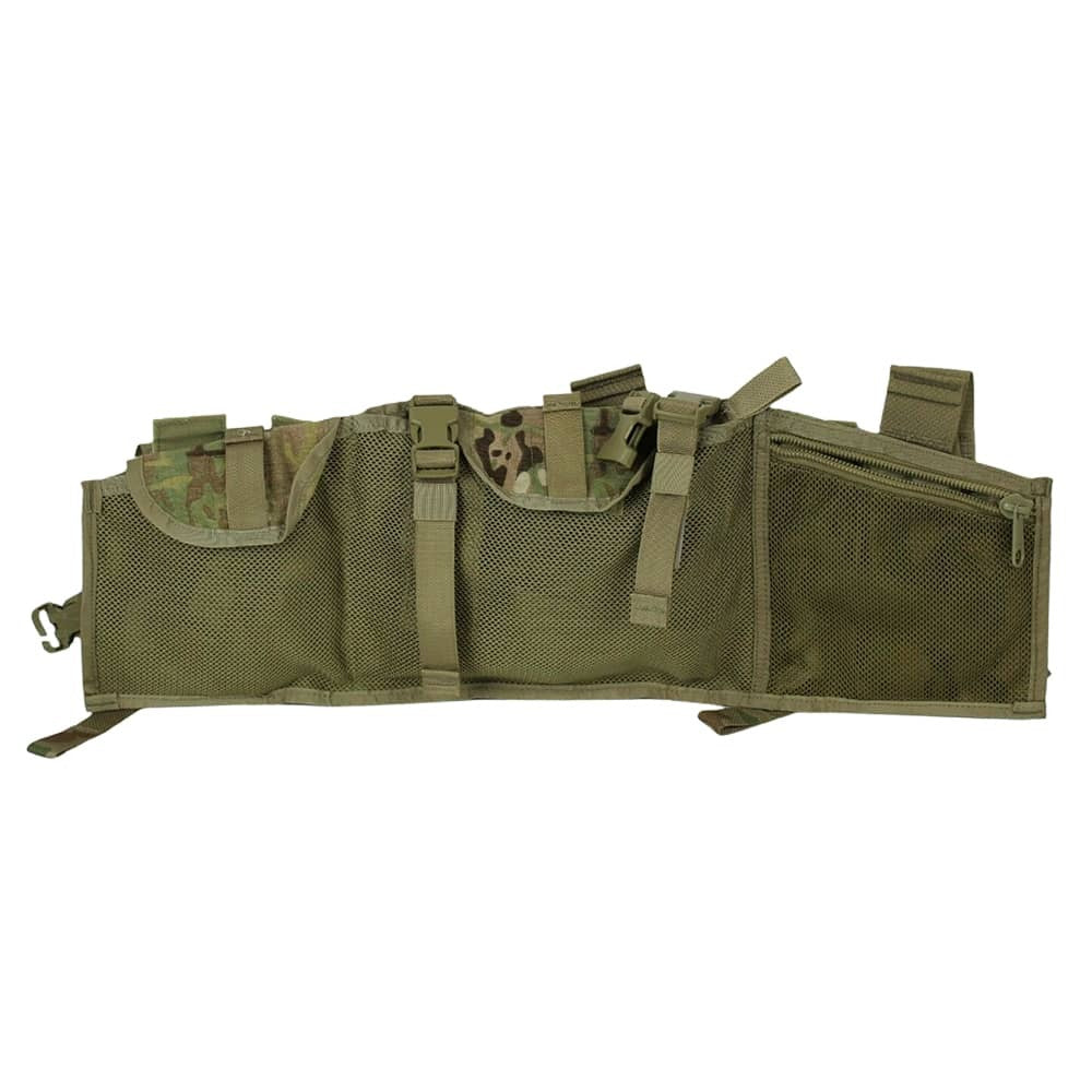 A tactical utility pouch in olive green webbing with camouflage-patterned flap accents, displayed against a solid white background.