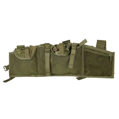 A tactical utility pouch in olive green webbing with camouflage-patterned flap accents, displayed against a solid white background.