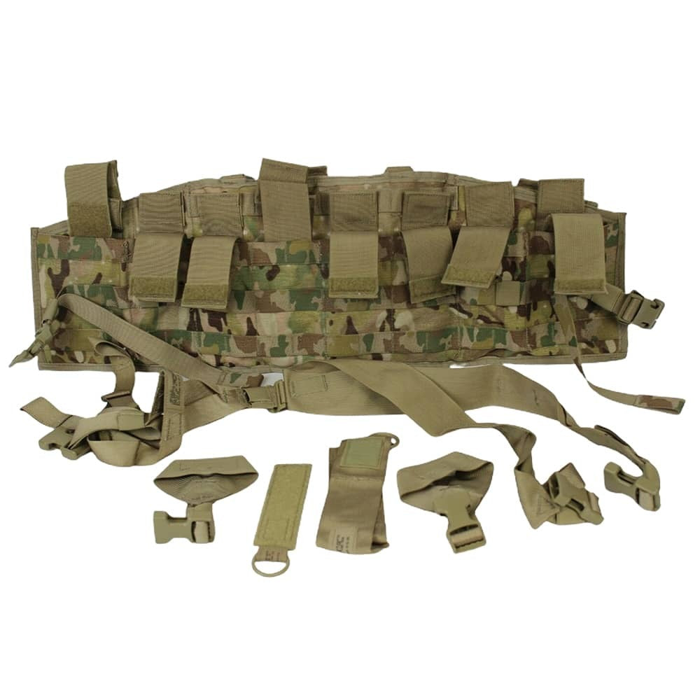 A tactical utility vest or body armor carrier in Multicam camouflage pattern, shown with its matching adjustable straps and buckles laid out in front on a plain white background.