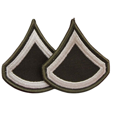 Two embroidered military rank insignia patches shaped like inverted teardrops, featuring a dark olive green center, a white border, and an olive green stitched edge on a plain white background.