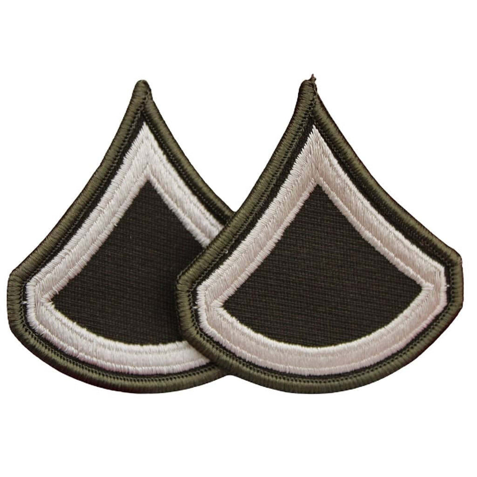 Two embroidered military rank insignia patches shaped like inverted teardrops, featuring a dark olive green center, a white border, and an olive green stitched edge on a plain white background.