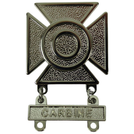 Metallic badge with a cross design and 'CARBIDE' engraving on a white background