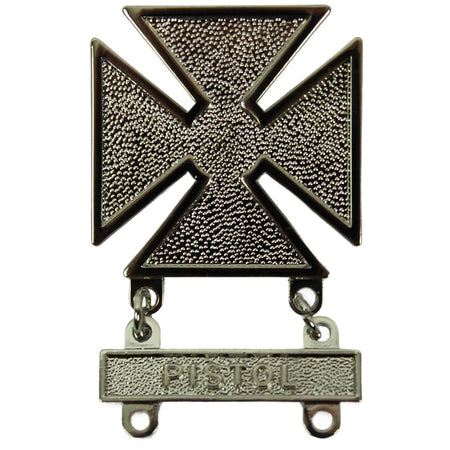 Metallic cross-shaped badge with 'Pistol' engraving on a white background