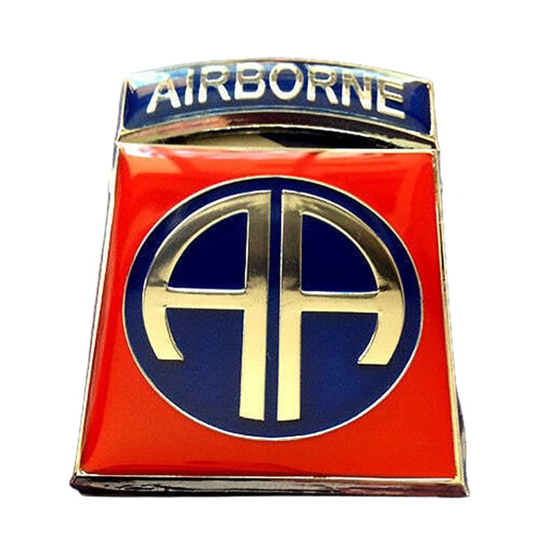 An Airborne Division 82nd Battalion enamel lapel pin featuring a red background, a blue circle with a gold 'AA' insignia, and a blue top banner with gold 'AIRBORNE' text.