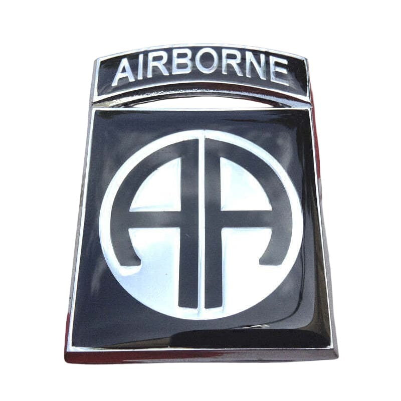 A glossy black and silver Airborne division emblem badge featuring the text 'AIRBORNE' at the top and the 'AA' insignia in the center, isolated on a white background.