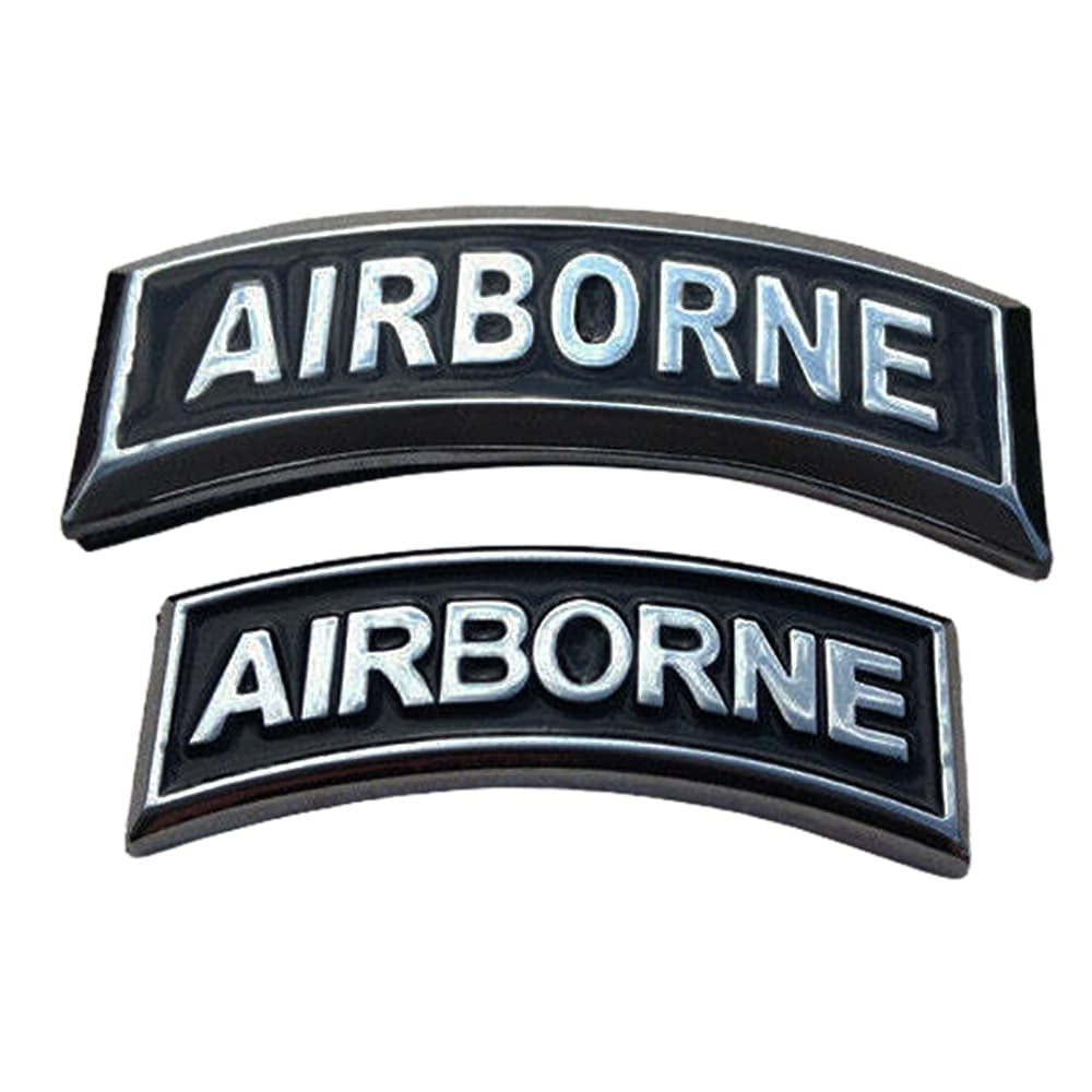 Two black and silver 'AIRBORNE' military patches on a plain white background.