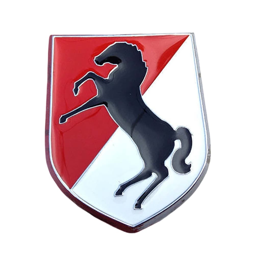 A shield-shaped emblem featuring a black rearing horse over a diagonally split red and white background, with a polished metallic border.