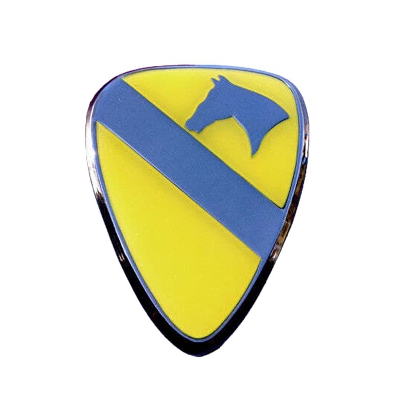 A shield-shaped enamel pin featuring a yellow background, a diagonal blue stripe, and a blue horse head silhouette near the top, with a shiny silver border.