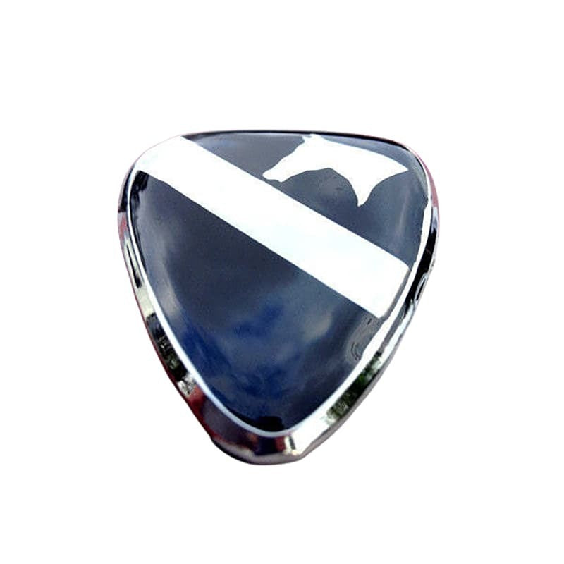 A glossy, shield-shaped accessory with a dark navy blue center, a bold white diagonal stripe, and a polished silver metallic border, shown on a plain white background.