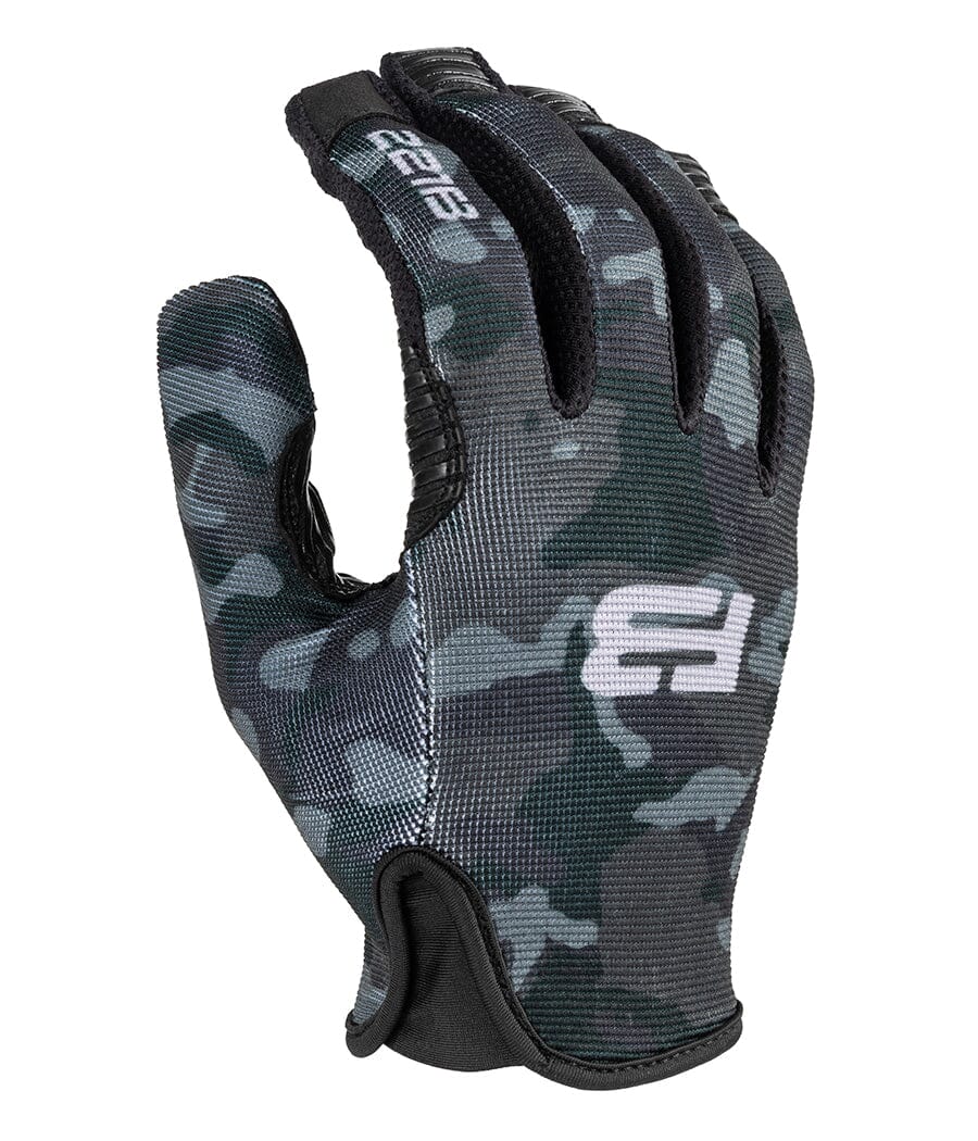 Black and gray camouflage glove with brand logo on a white background