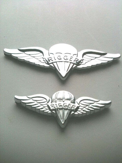 Parachute Rigger Badge Metal Car Decal  small and large on a gray background