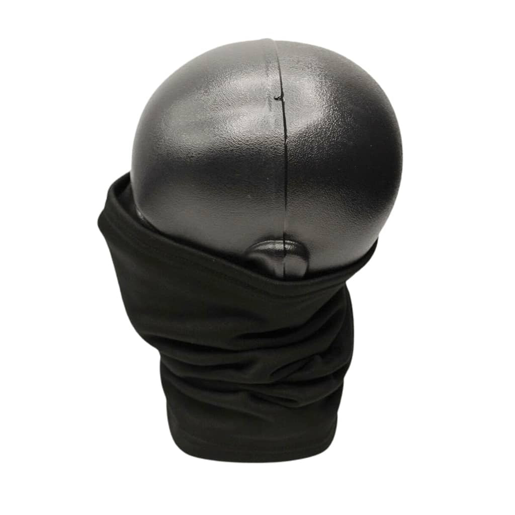 A black fleece neck gaiter or balaclava shown wrapped around a black mannequin head, photographed against a solid white background.