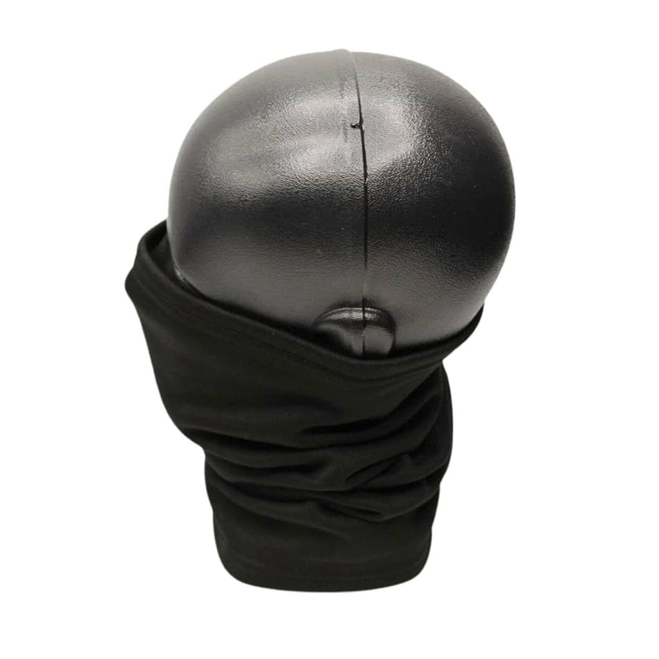 A black fleece neck gaiter or balaclava shown wrapped around a black mannequin head, photographed against a solid white background.