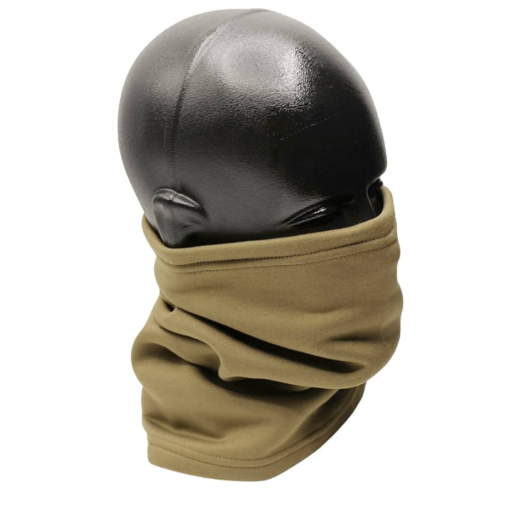 An coyote brown neck gaiter or balaclava shown wrapped around a black mannequin head against a plain white background.