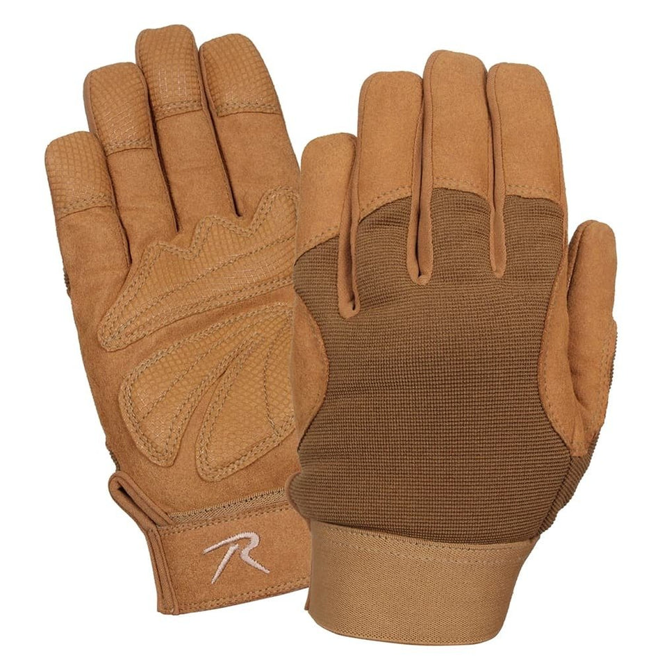 A pair of Military Mechanic's Gloves shown against a plain white background, displaying both the palm and back-of-hand views. The gloves feature a tan suede-like finish on the palms and fingers, a darker brown textured mesh panel on the back, and a tan cuff with a small white embroidered logo.