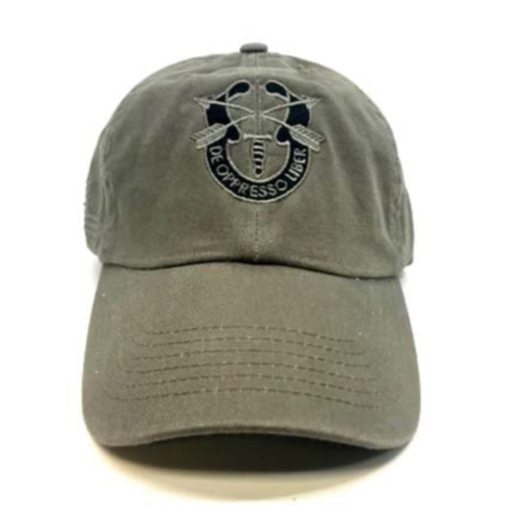 An olive drab baseball cap featuring a dark embroidered emblem on the front with crossed rifles and the text 'DE OPPRESSO LIBER'.