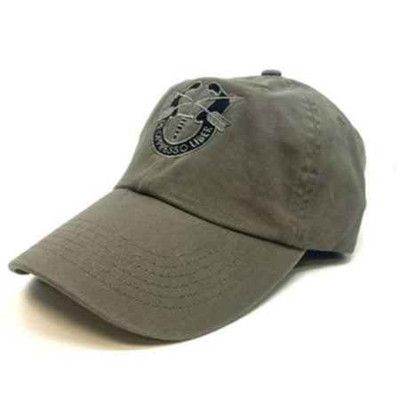 An olive drab baseball cap featuring a circular embroidered 'Espresso Line' logo on the front panel, set against a plain white background.